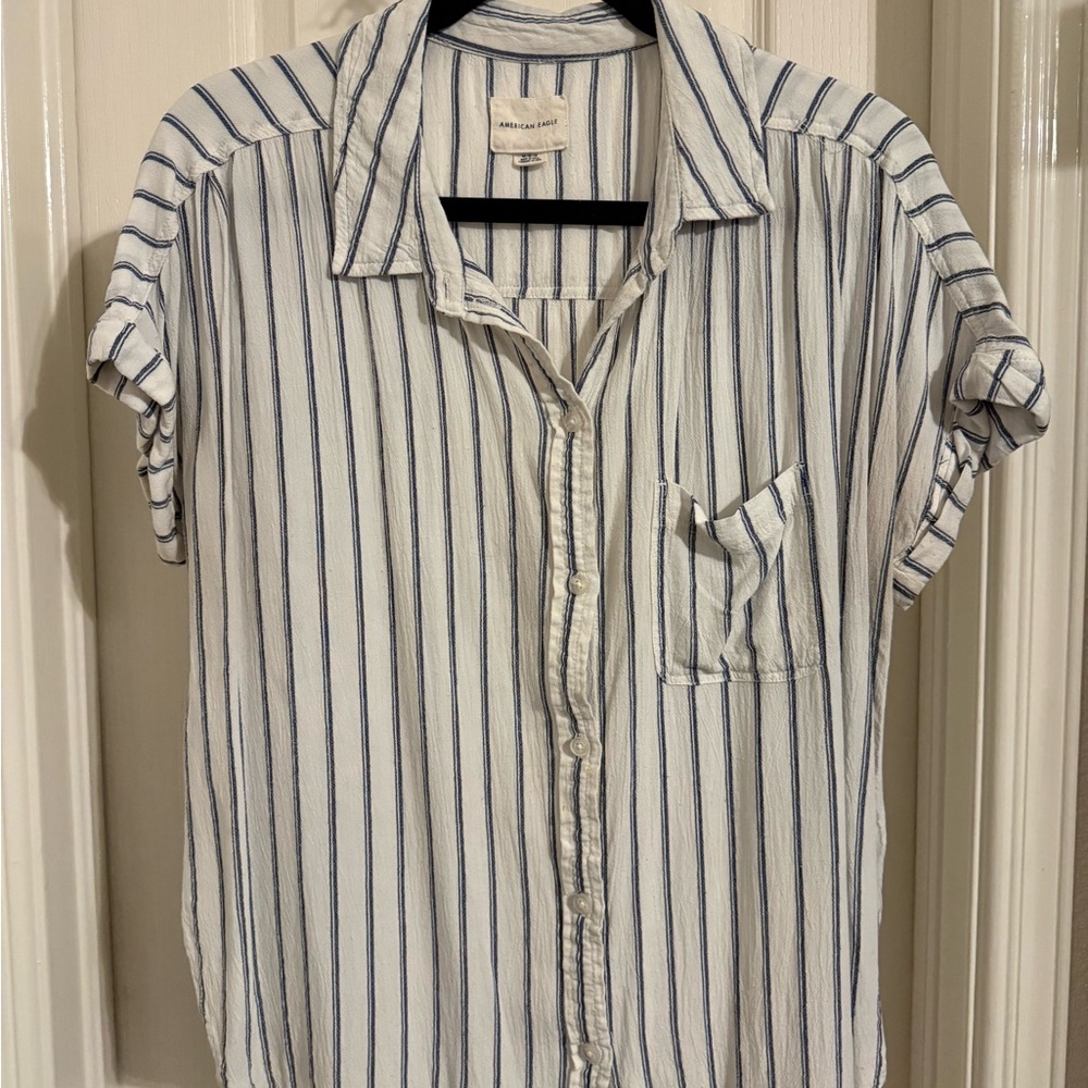 American Eagle Outfitters White and Blue Striped Button Down Shirt